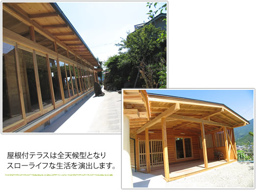 屋根付テラスは全天候型となりスローライフな生活を演出します。